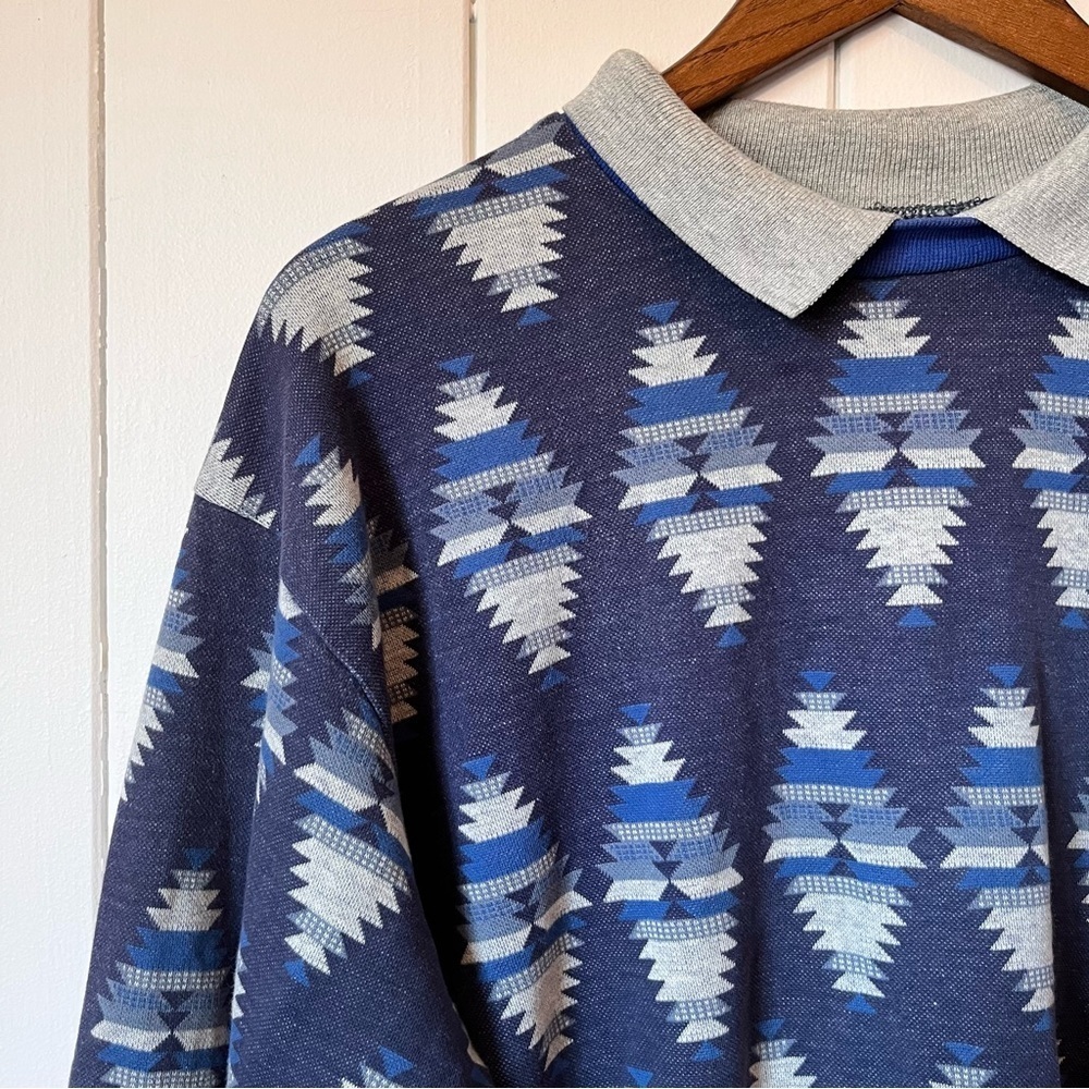 Vintage Blue and Grey Aztec pattern Collared Sweater.